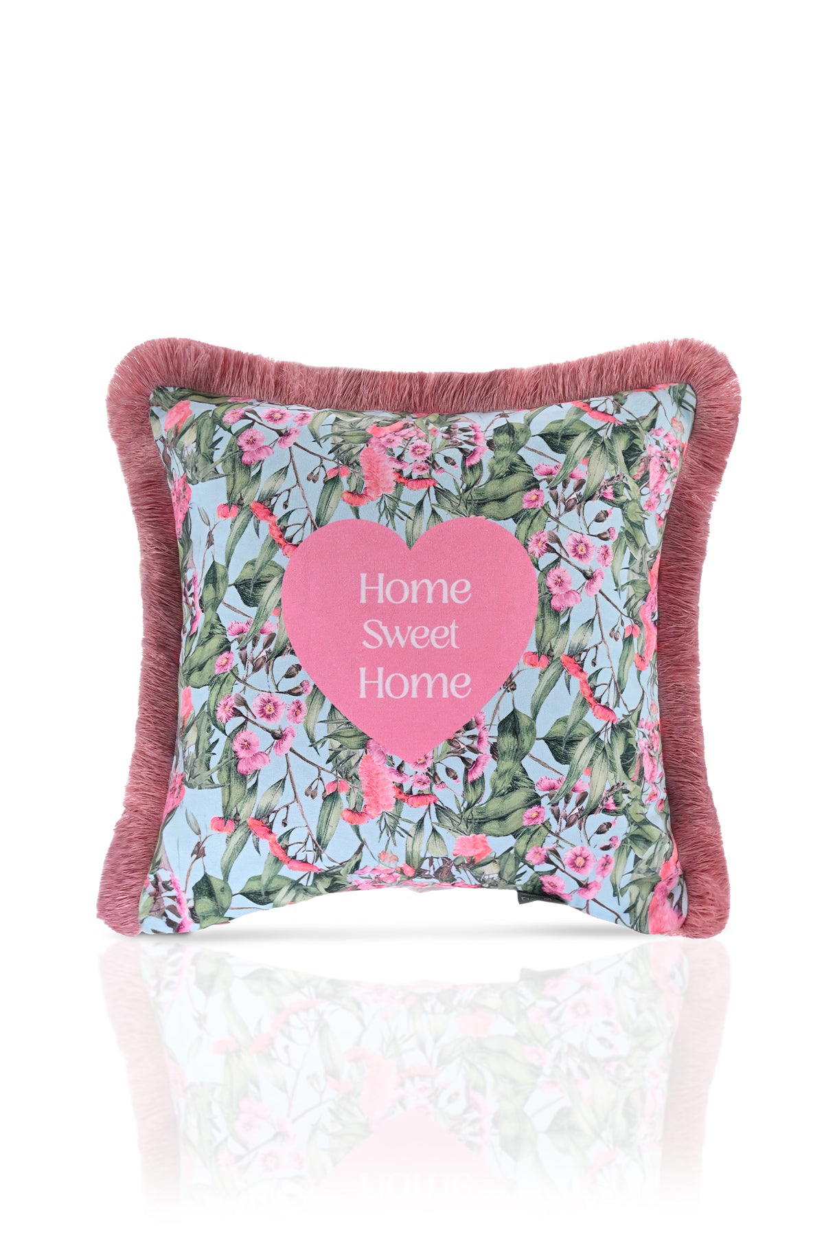 Home Sweet Home Yazılı Pembe Çiçek Desenli Dijital Baskılı Kadife Kırlent Kılıfı Saçaklı