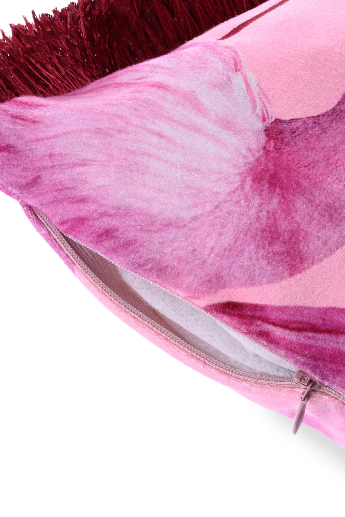 Pembe Zemin Flamingo Desenli Dijital Baskılı Kadife Kırlent Kılıfı Saçaklı