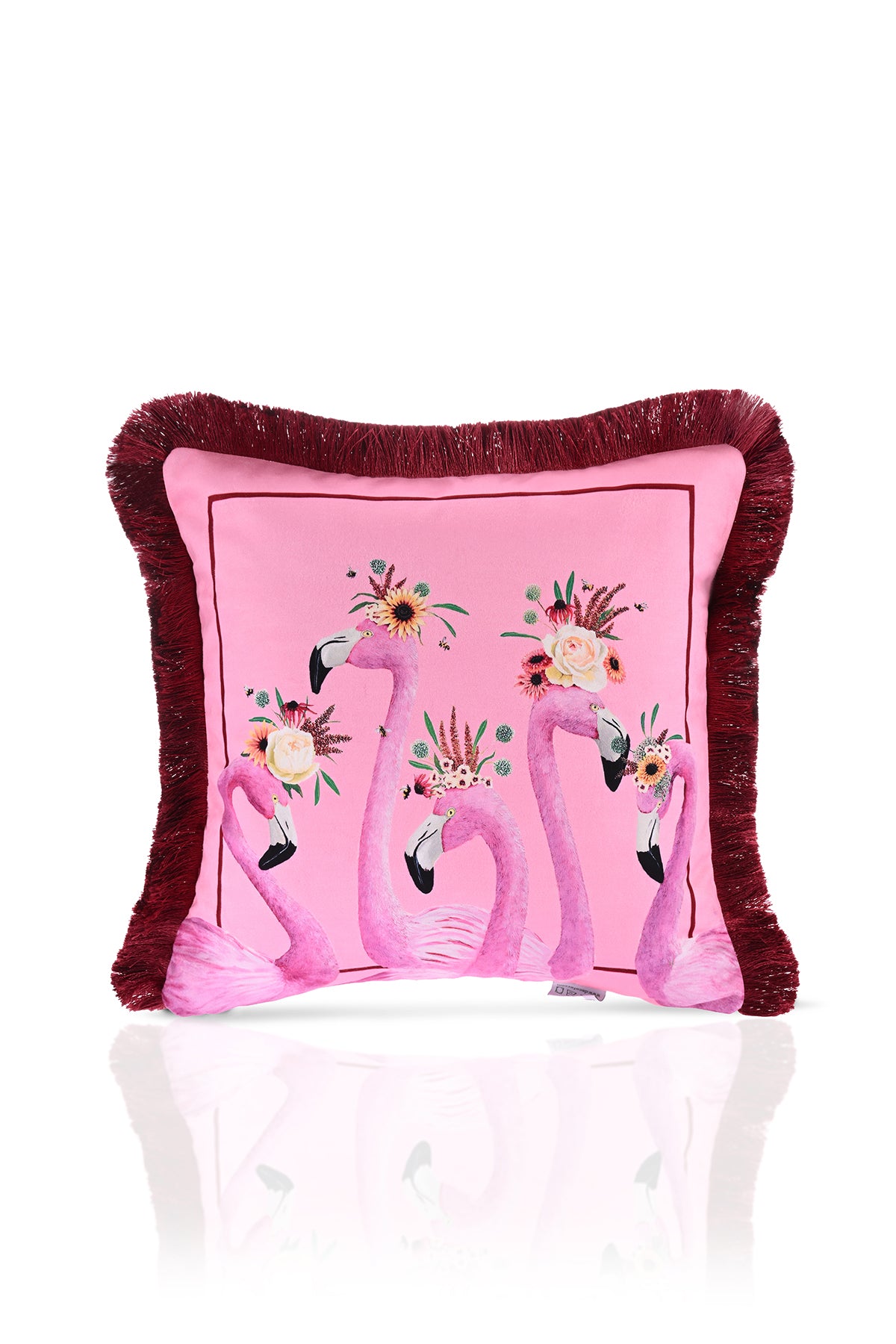 Pembe Zemin Flamingo Desenli Dijital Baskılı Kadife Kırlent Kılıfı Saçaklı