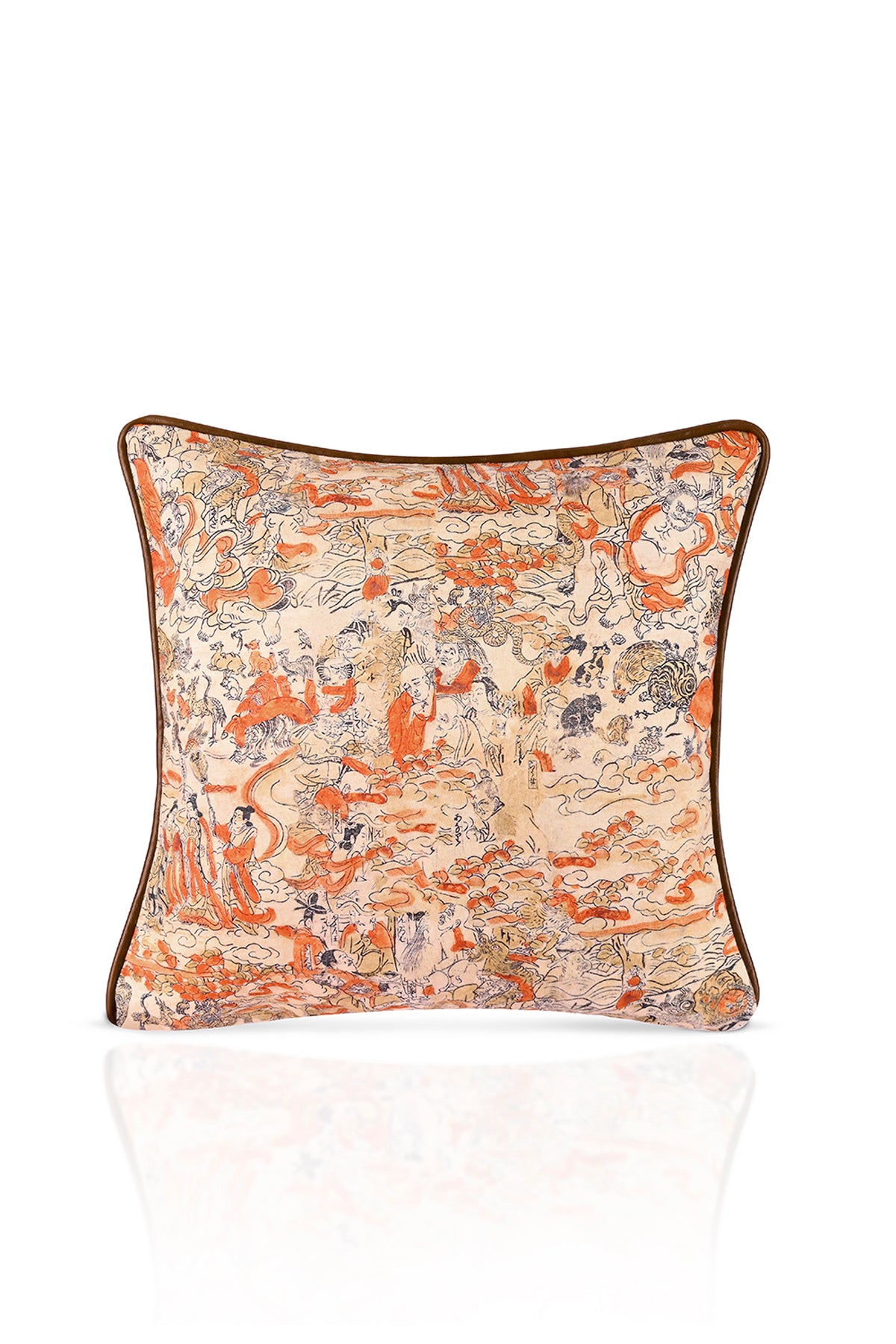 Uzakdoğu Geleneksel Desenli Deri Fitilli Kadife Kırlent Kılıfı 43x43cm