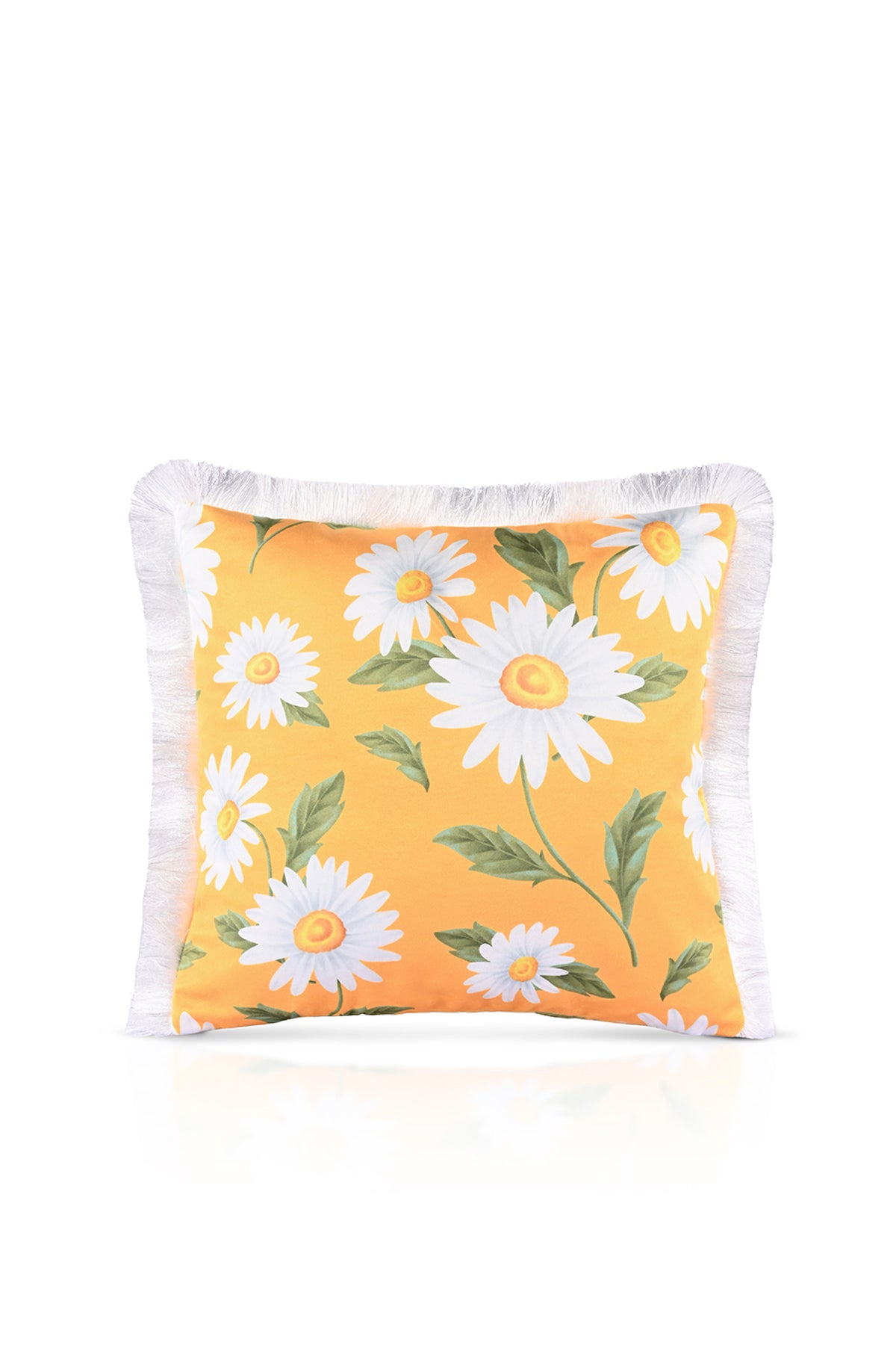 Sulu Boya Papatya Desenli Kadife Kırlent Kılıfı Saçak Detaylı - 43x43cm