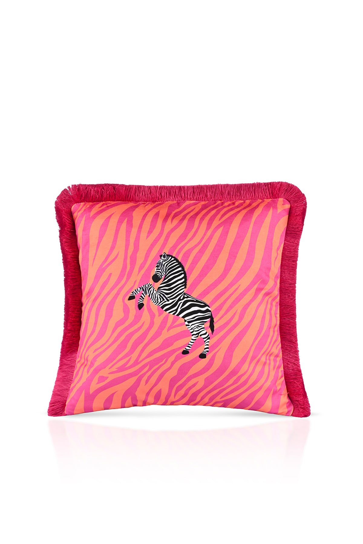 Fuşya Turuncu Zebra Tasarımlı Saçaklı Kadife Kırlent Kılıfı