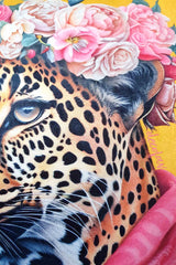 Jungle Royalty – Çiçek Taçlı Leopar Saçaklı Kadife Kırlent Kılıfı - 43x43cm
