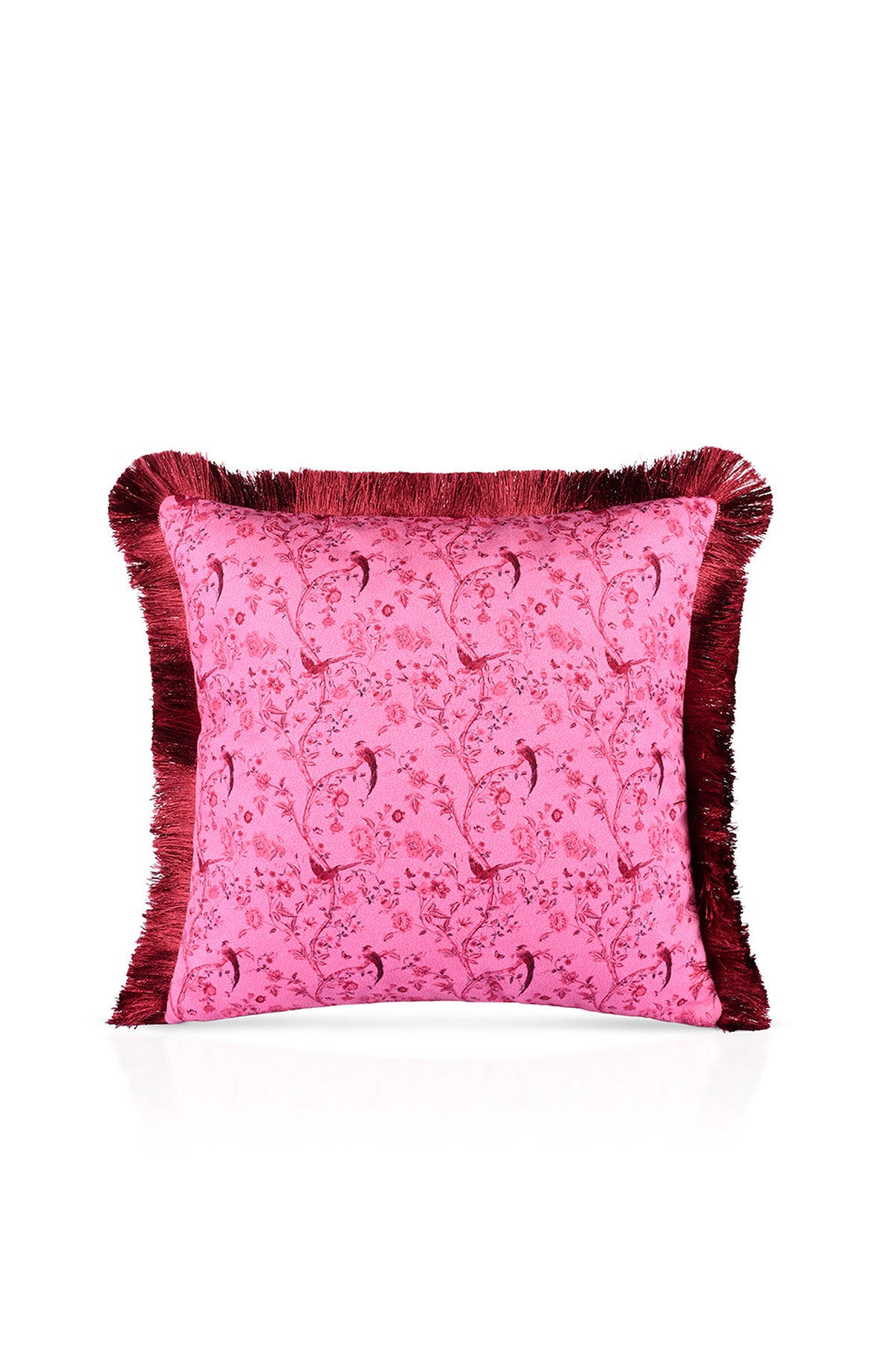 Pembe Kuş Desenli Bordo Saçaklı Kadife Kırlent Kılıfı – 43x43 cm
