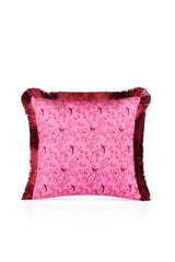 Pembe Kuş Desenli Bordo Saçaklı Kadife Kırlent Kılıfı – 43x43 cm