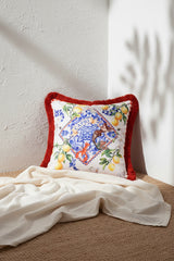 Capri Limonata – Mavi Beyaz Akdeniz Tasarımlı Saçaklı Kadife Kırlent Kılıfı - 43x43cm