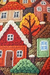 Şirin Sonbahar Evleri Desenli Kırlent Kılıfı 3D Punch Nakış Efekt Dijital Baskılı 43x43cm