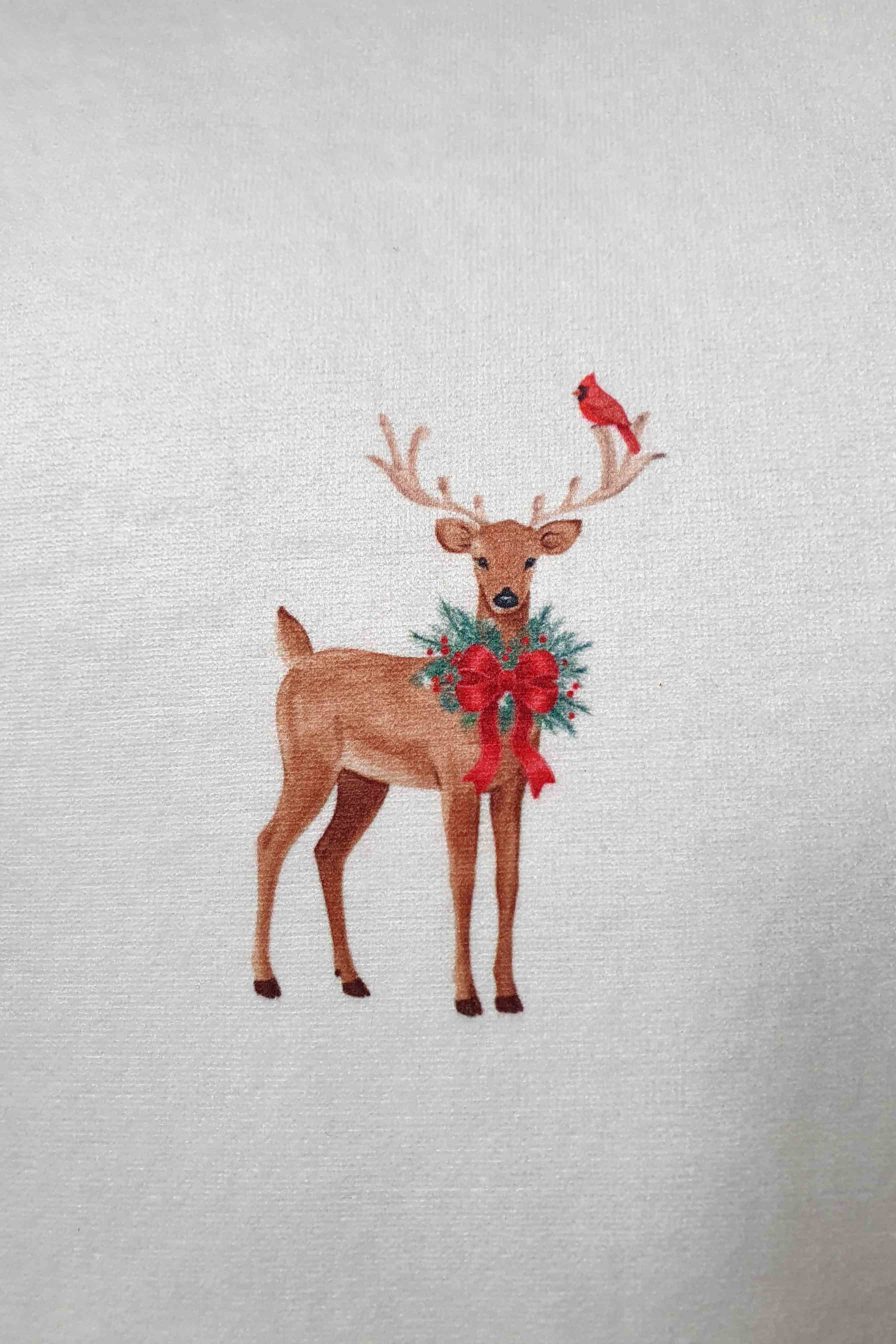 Winter Whispers Yeşil – Ren Geyiği ve Kırmızı Kuş Kadife Kırlent Kılıfı - 43x43cm