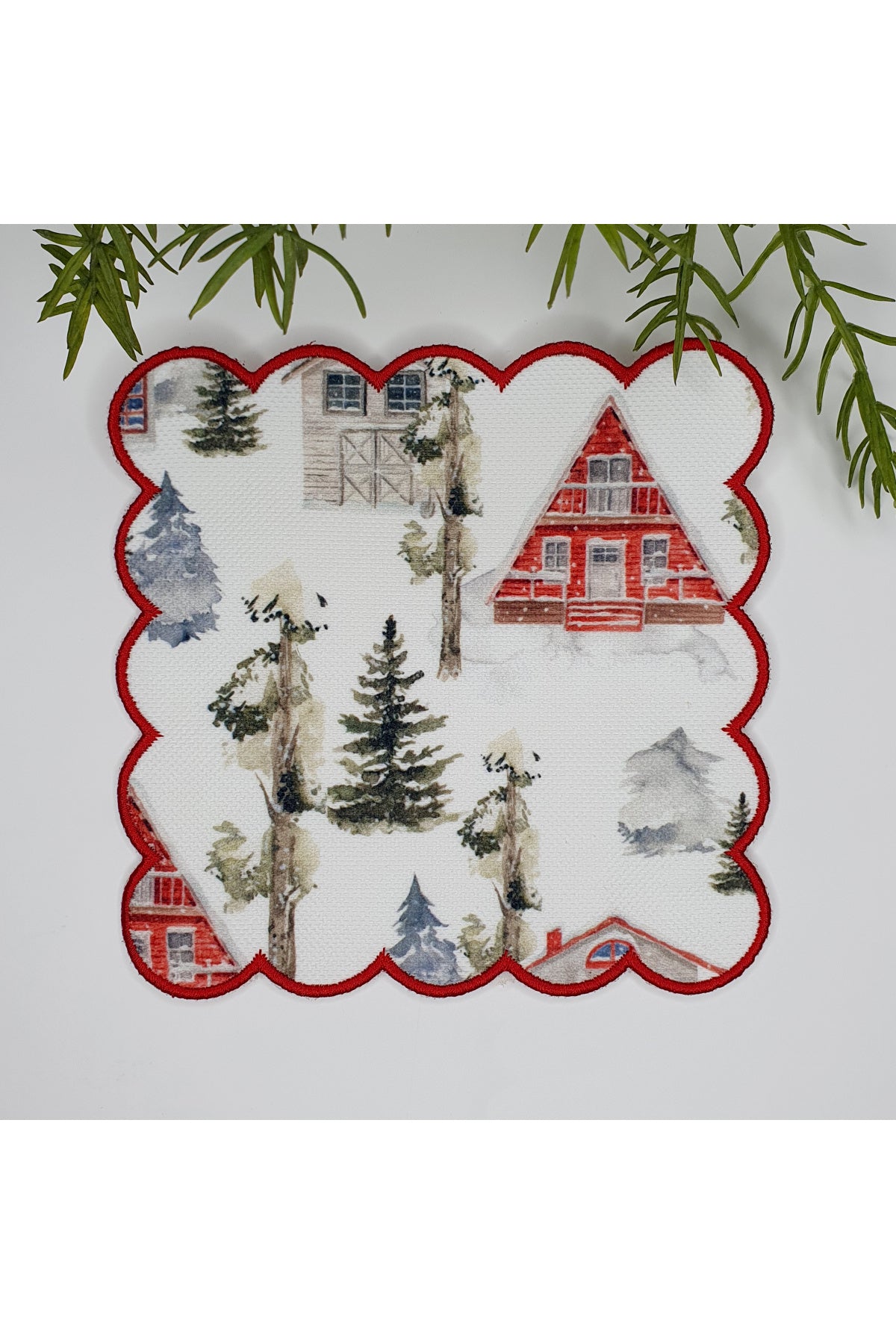 Sulu Boya Yılbaşı Konsept Evler ve Ağaçlar Manzara Desenli Nakış Kenar Kumaş Kokteyl Peçetesi 1 Adet