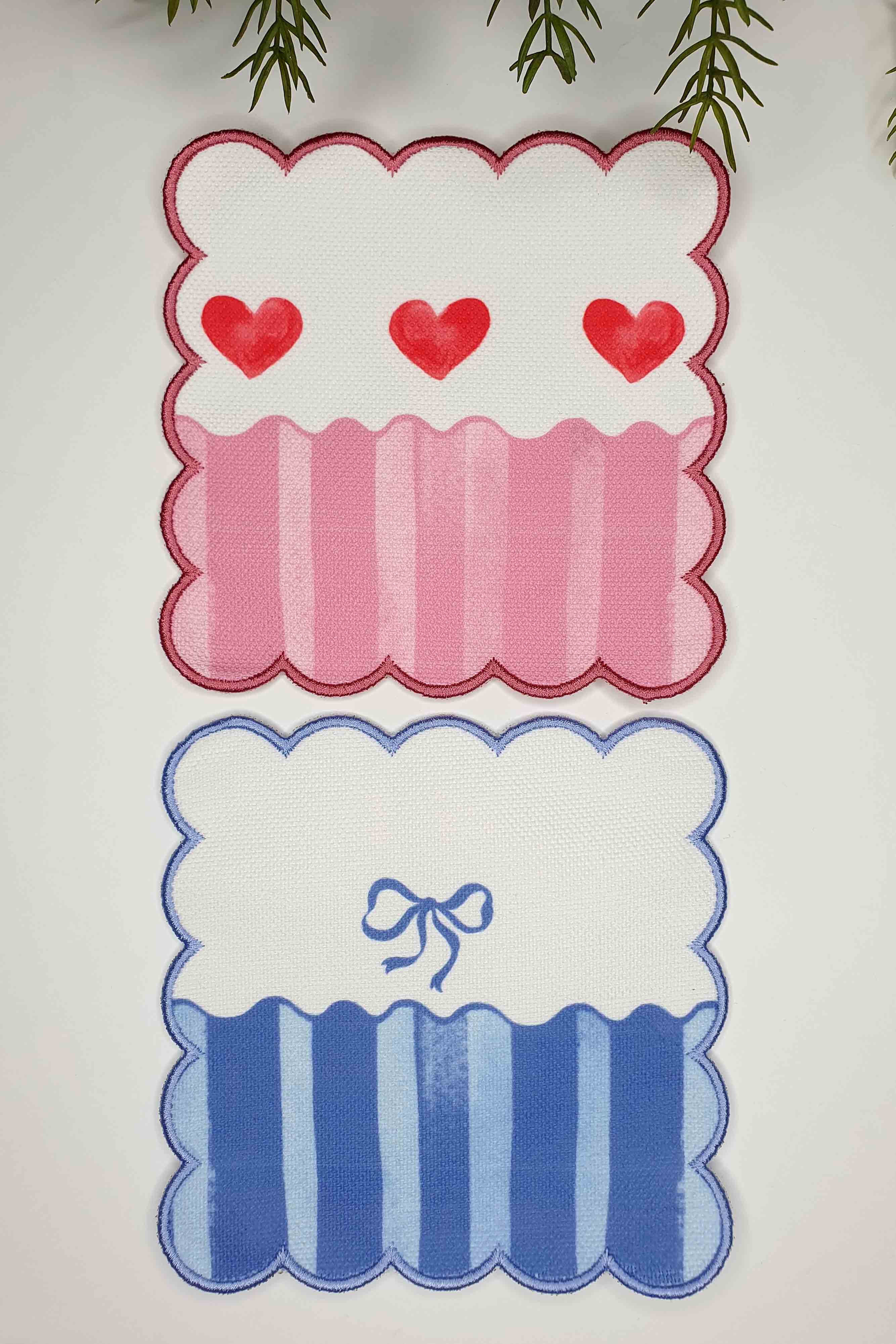 Romantic Blue Striped Bow Patterned Embroidered Edge Fabric Cocktail Napkin 1 Piece