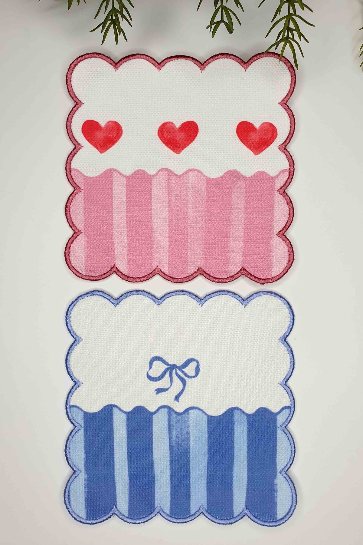 Romantic Blue Striped Bow Patterned Embroidered Edge Fabric Cocktail Napkin 1 Piece