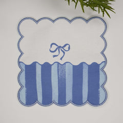 Romantic Blue Striped Bow Patterned Embroidered Edge Fabric Cocktail Napkin 1 Piece