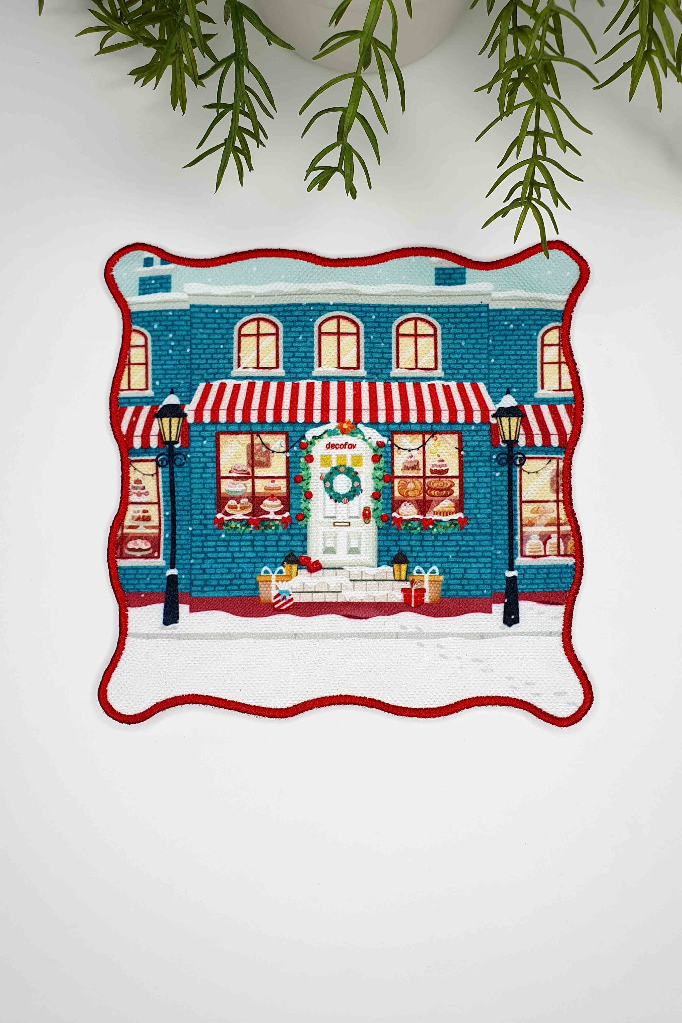 Yılbaşı Dükkan Tasarımlı Kırmızı Nakış Kenarlı Kumaş Kokteyl Peçetesi 1 Adet