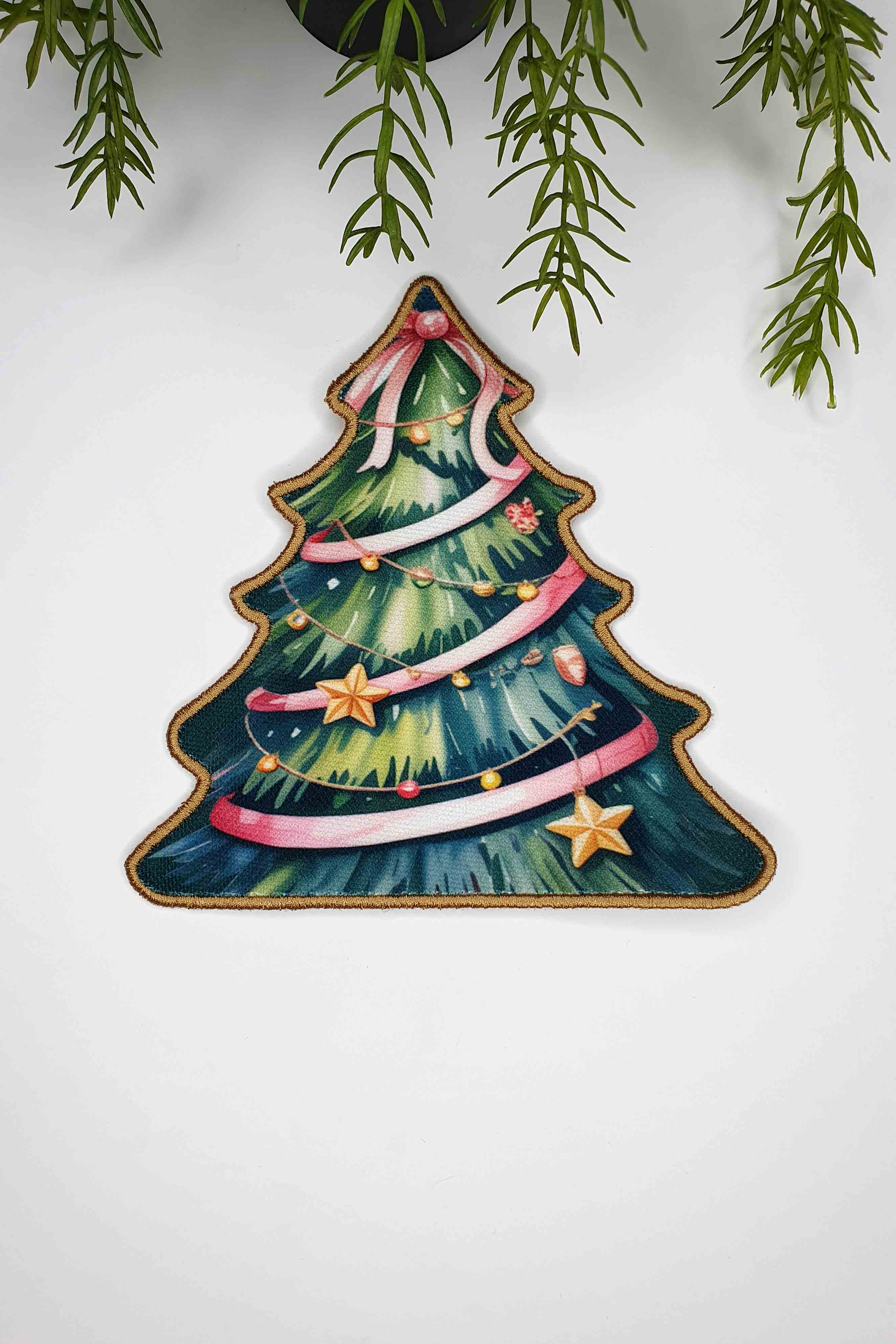 Ağaç Form Yıldız Süslemeli Çam Ağacı Tasarımlı Nakış Kenar Kokteyl Peçetesi 1 Adet
