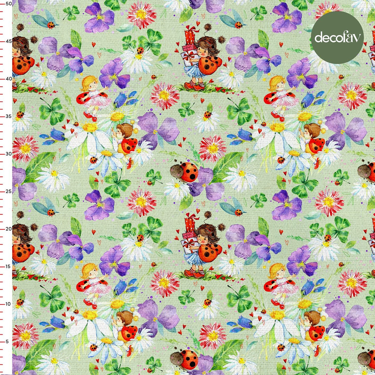 Ladybug Daisy Violet Patterned Digital Printed Fabric