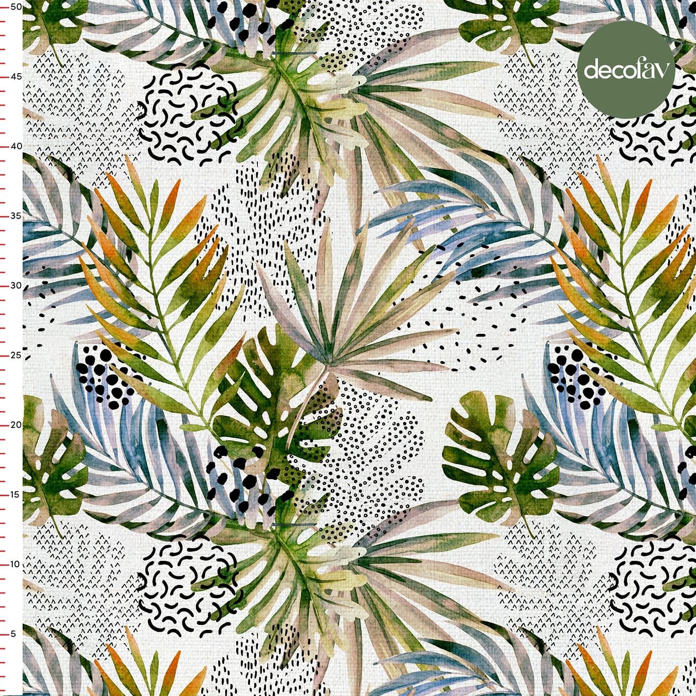 Sulu Boya Yaprak Geometrik Nokta Çizgi Desenli Dijital Baskılı Kumaş