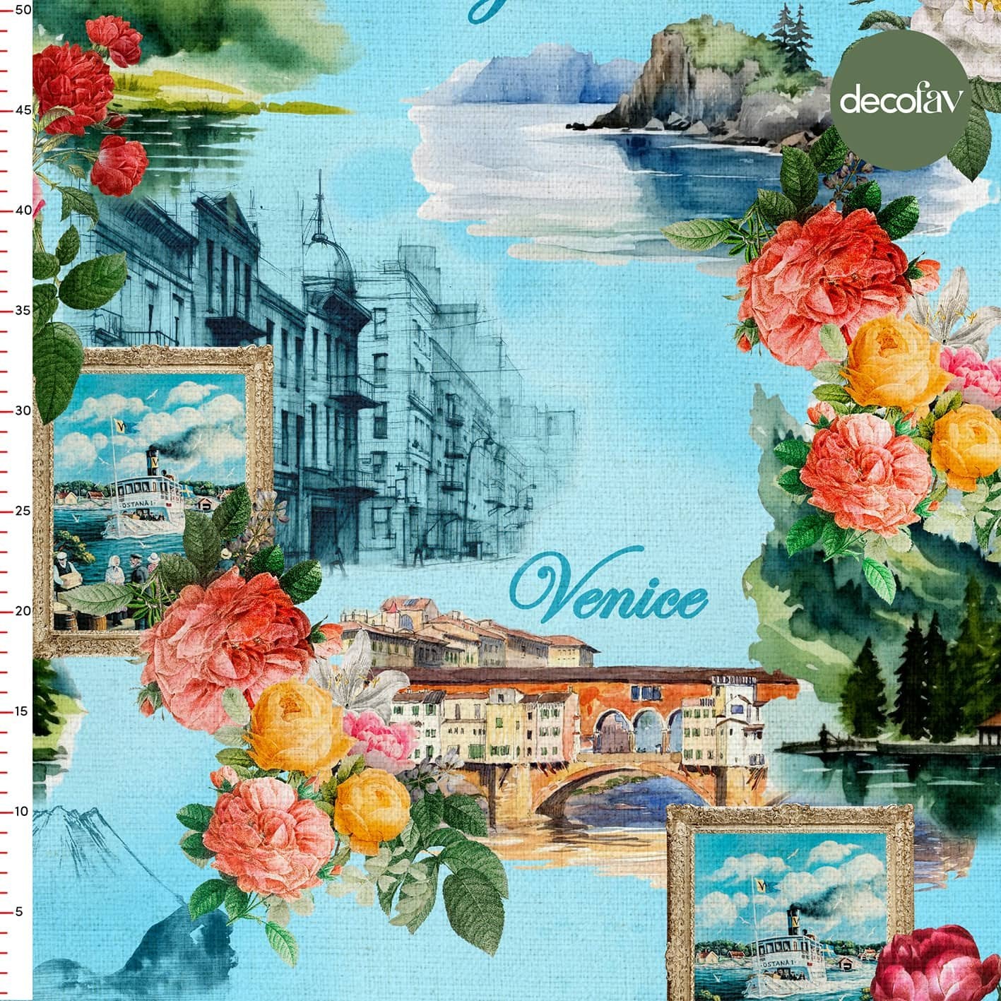 Digitally Printed Fabric with Watercolor Landscape Pattern