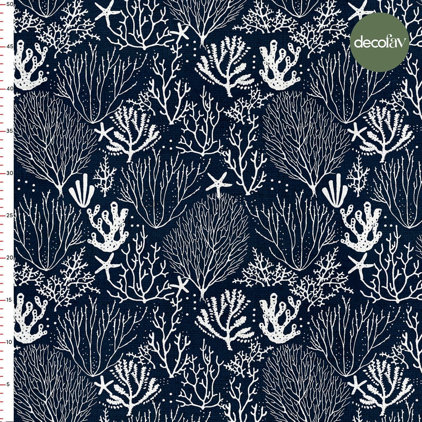 Digitally Printed Fabric with White Coral Starfish Pattern on a Navy Blue Background