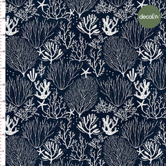 Digitally Printed Fabric with White Coral Starfish Pattern on a Navy Blue Background