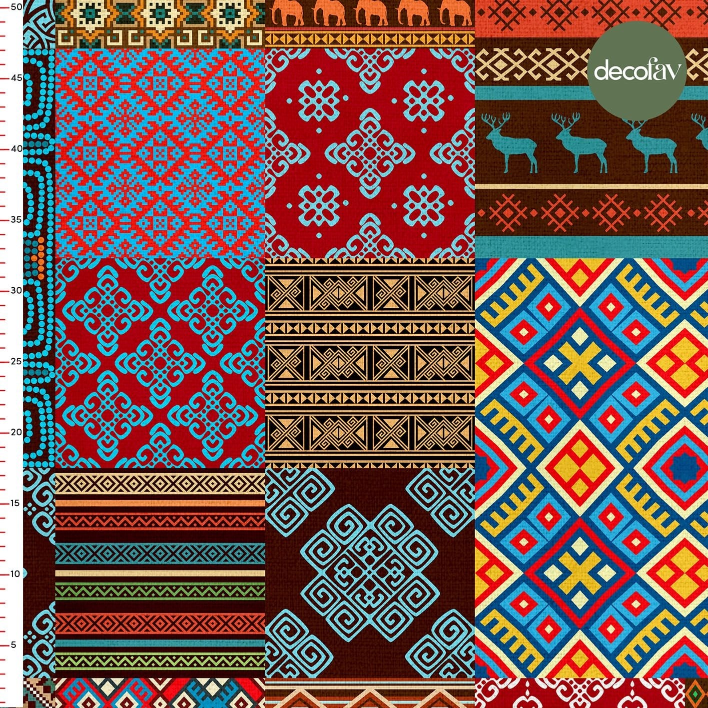 New Year's Themed Patchwork Ethnic Ikat Pattern Digital Printed Fabric
