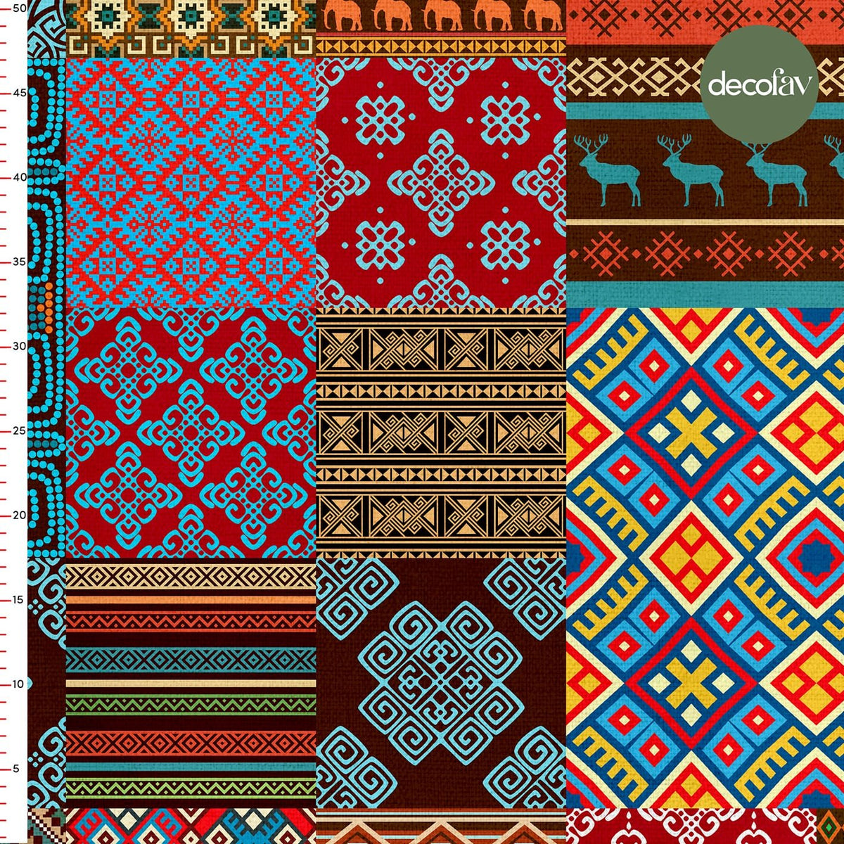 New Year's Themed Patchwork Ethnic Ikat Pattern Digital Printed Fabric