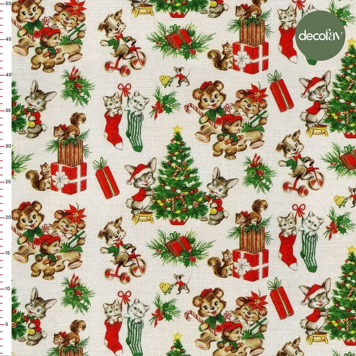 Christmas Themed Cat Squirrel Christmas Tree Gift Wrap Patterned Digital Printed Fabric