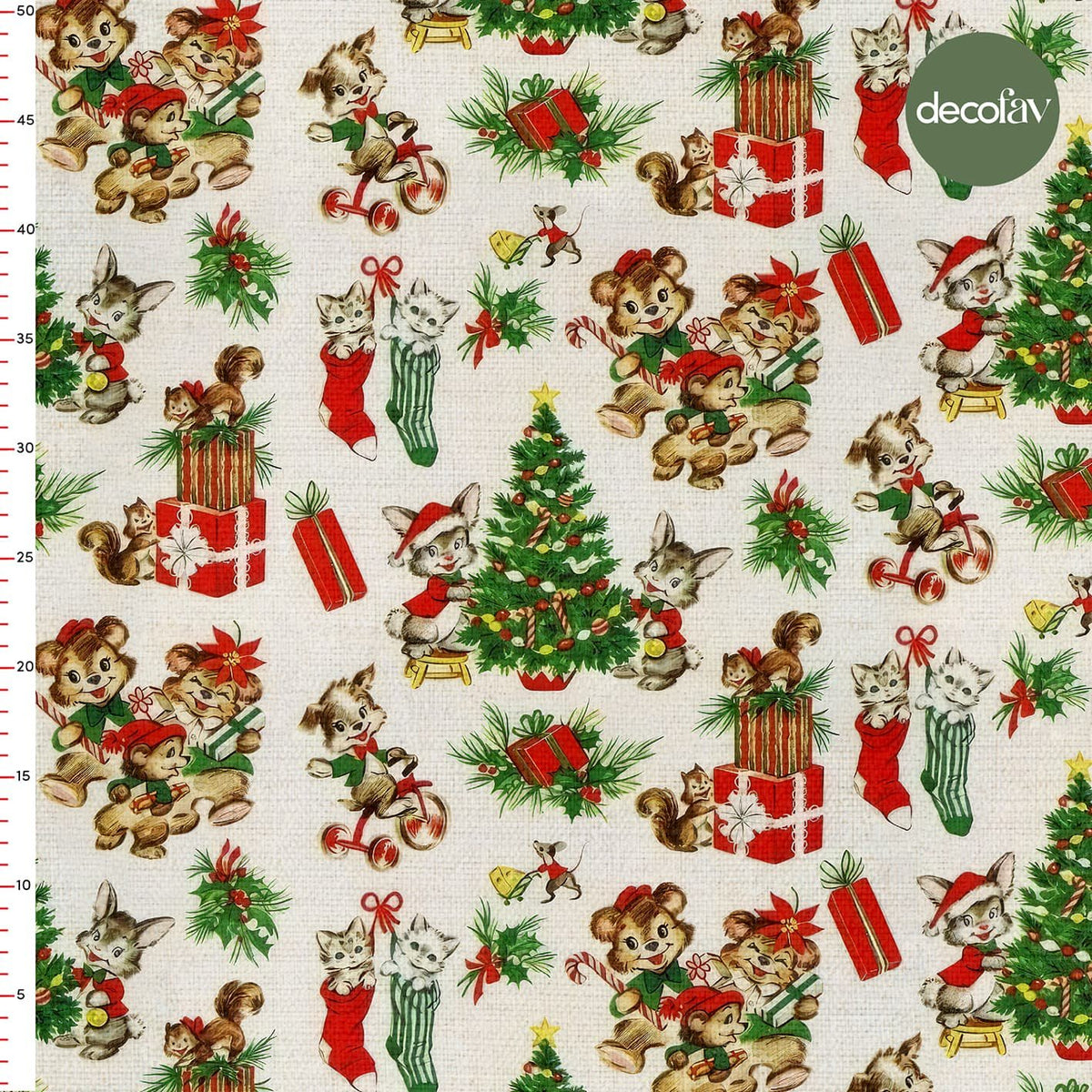 Christmas Themed Cat Squirrel Christmas Tree Gift Wrap Patterned Digital Printed Fabric