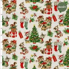 Christmas Themed Cat Squirrel Christmas Tree Gift Wrap Patterned Digital Printed Fabric