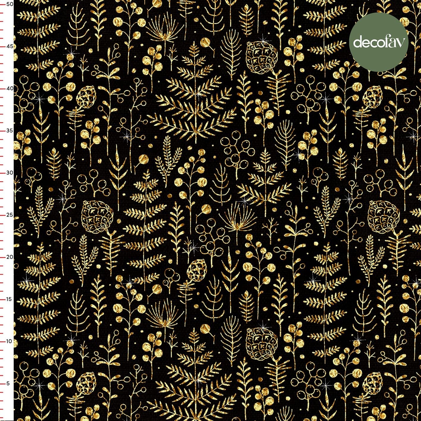 Digitally Printed Christmas Fabric with Sparkly Tree Leaves Pattern on a Black Background