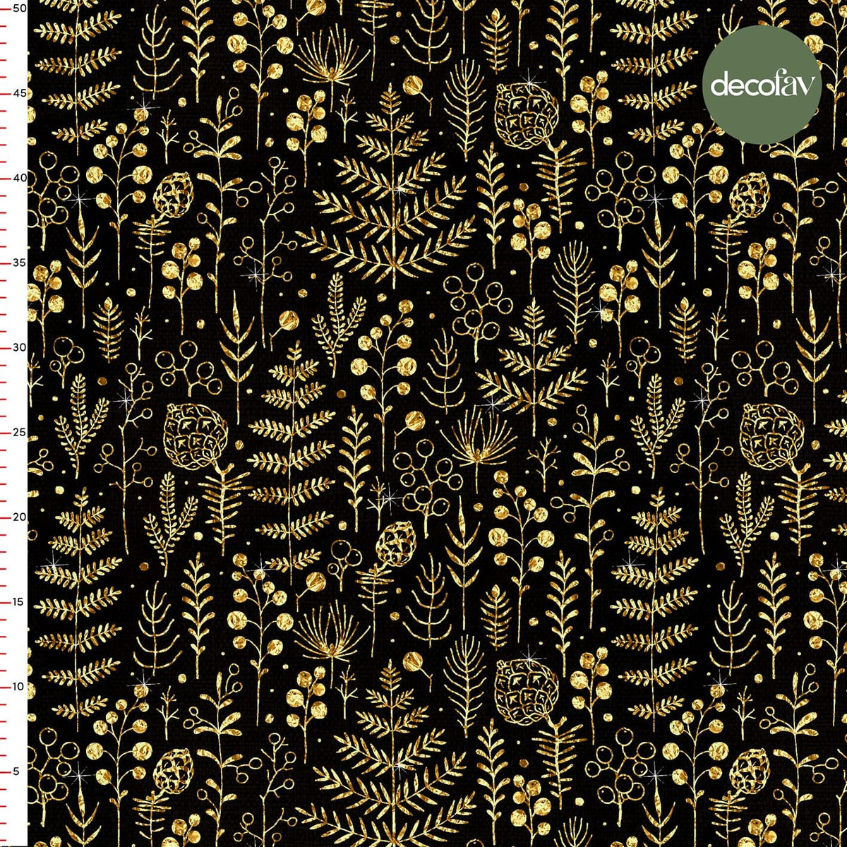 Digitally Printed Christmas Fabric with Sparkly Tree Leaves Pattern on a Black Background