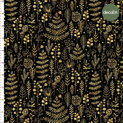 Digitally Printed Christmas Fabric with Sparkly Tree Leaves Pattern on a Black Background