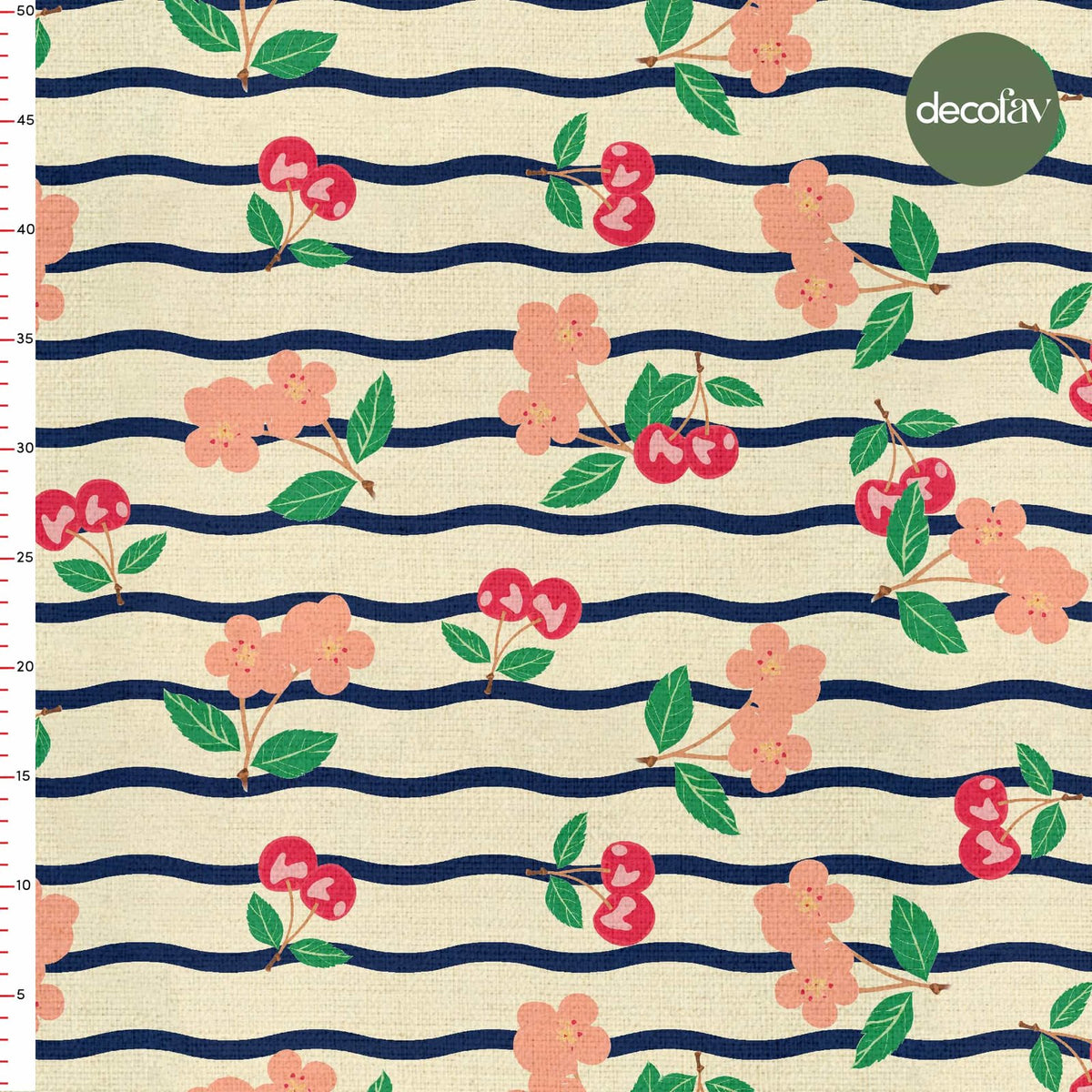 Cherry Sweet Colors Cherry Blossom Wavy Line Pattern Digital Printed Fabric