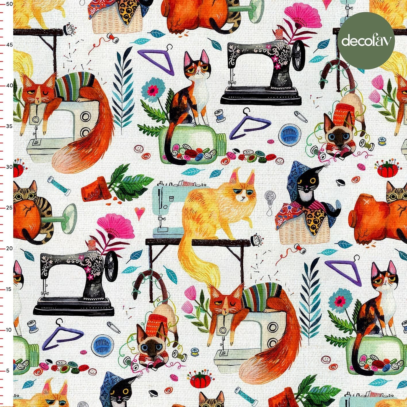 Tailor Cat Flower Sewing Machine Patterned Digital Printed Fabric