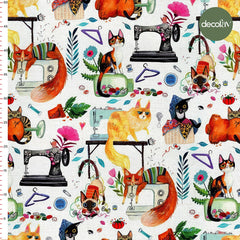 Tailor Cat Flower Sewing Machine Patterned Digital Printed Fabric