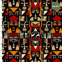 Etnik Afrika Maskeleri ve Renkli Desenlerle Süslenmiş Dijital Baskılı Kumaş