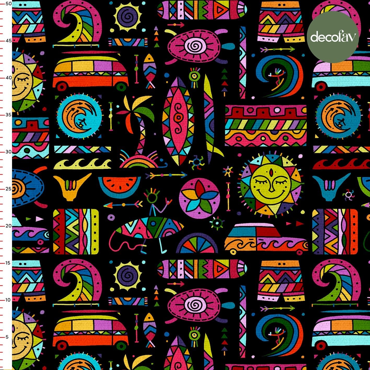 Summer Themed Geometric Car Surfboard Sun Pattern Digital Printed Fabric