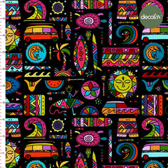 Summer Themed Geometric Car Surfboard Sun Pattern Digital Printed Fabric