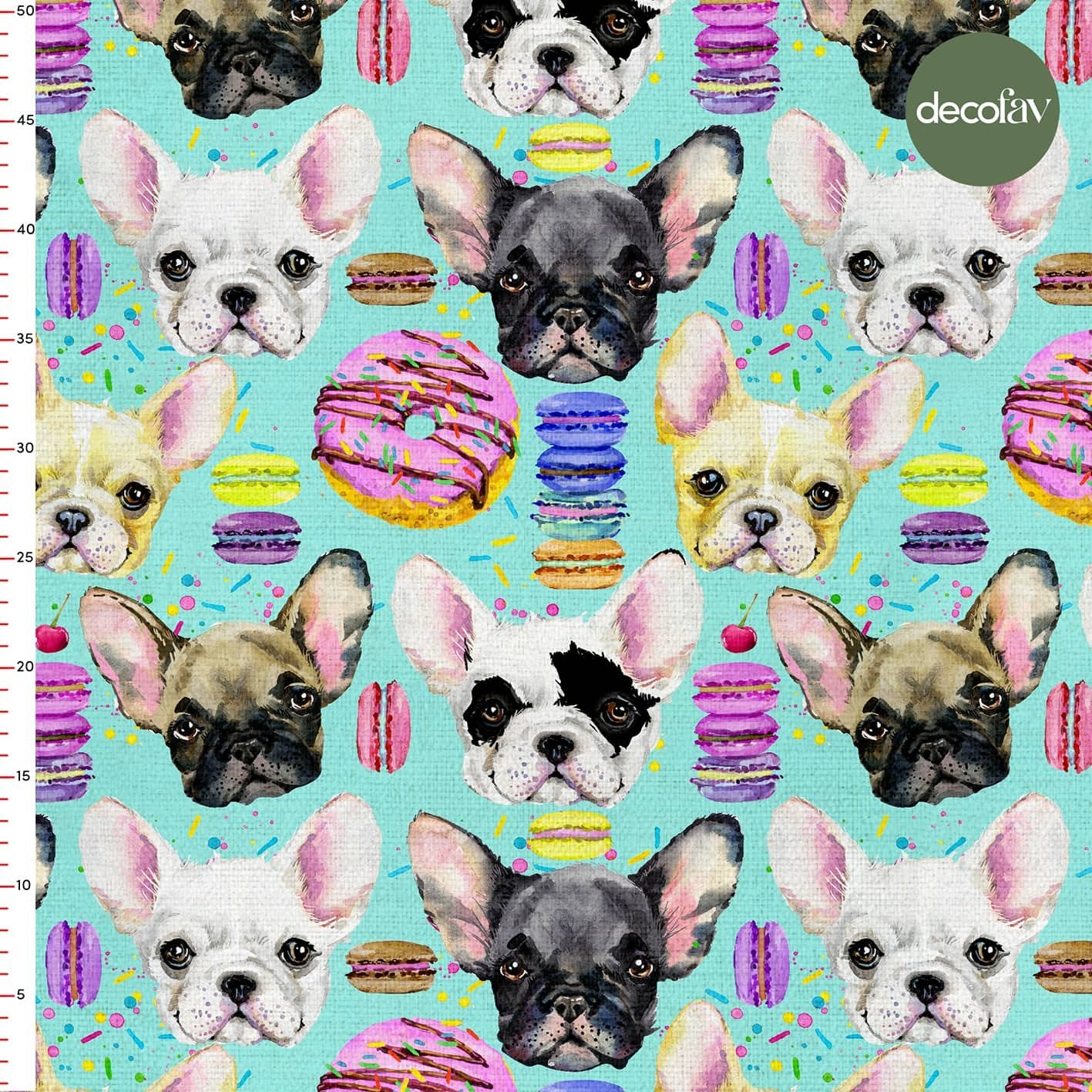 Mint Ground Watercolor Dog Donut Macaron Patterned Digital Printed Fabric