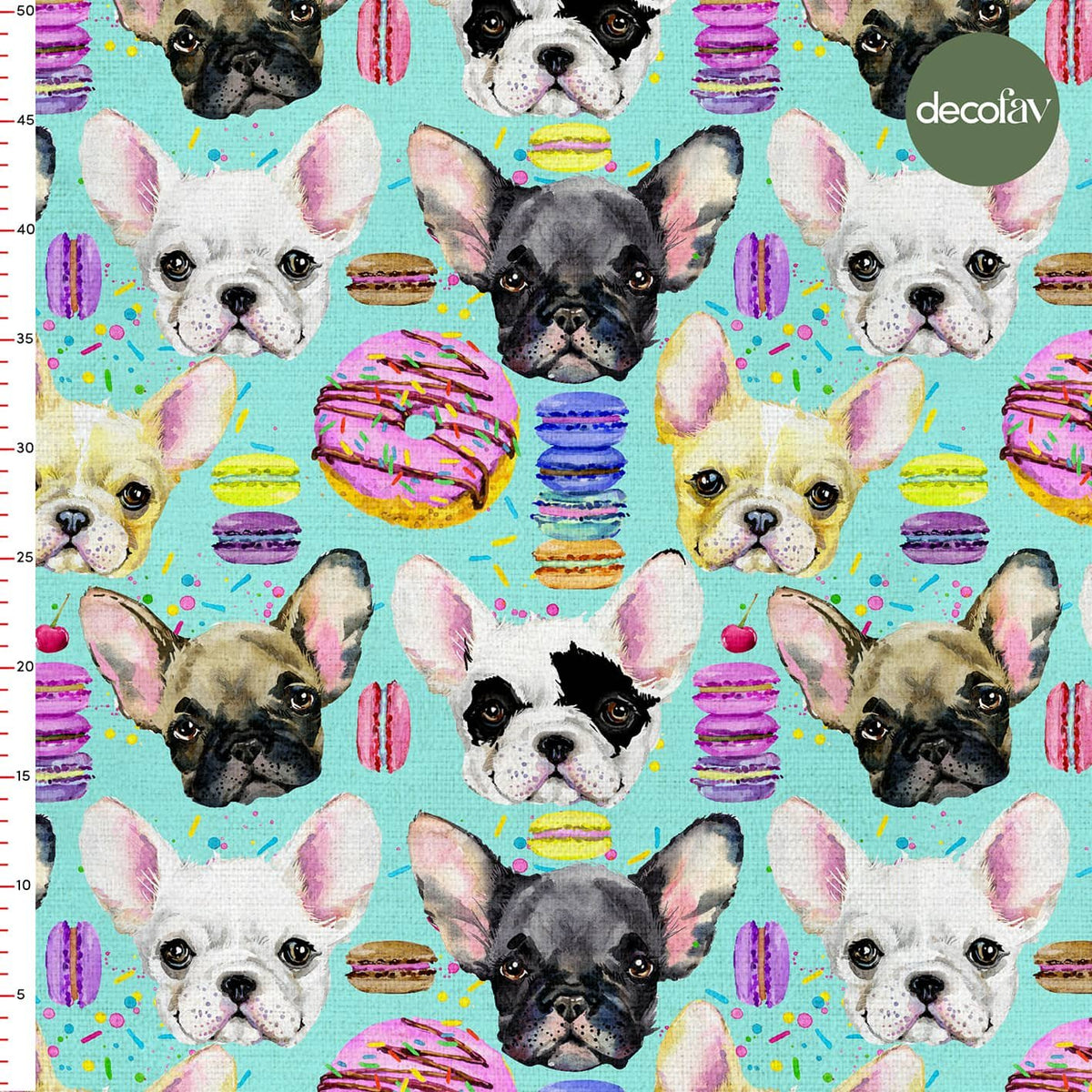 Mint Ground Watercolor Dog Donut Macaron Patterned Digital Printed Fabric