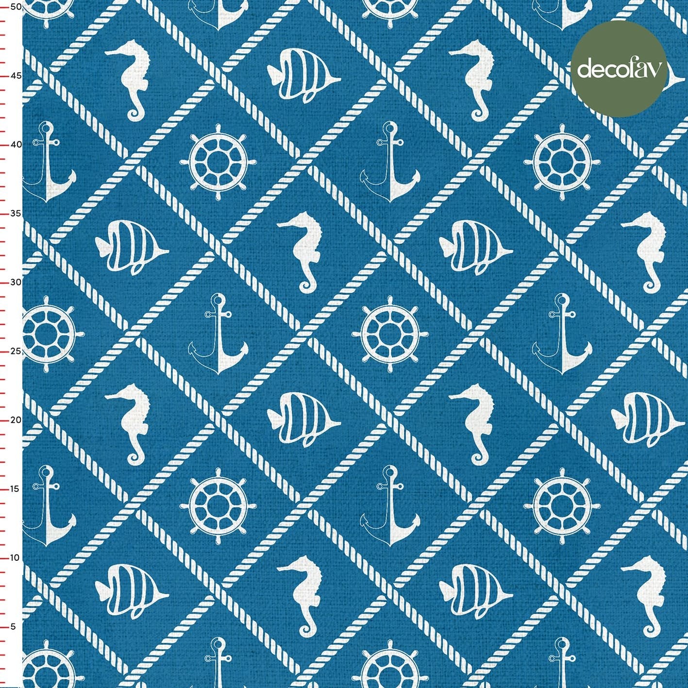Turquoise Ground Knitted Rope Sea Horse Rudder Anchor Fish Marine Pattern Digital Printed Fabric