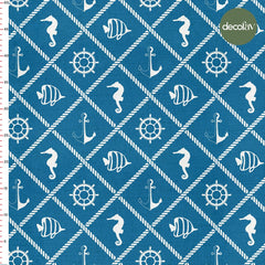 Turquoise Ground Knitted Rope Sea Horse Rudder Anchor Fish Marine Pattern Digital Printed Fabric
