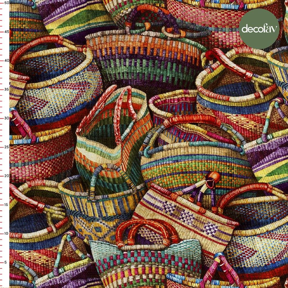El Çizimi Hasır Sepetler Desenli Dijital Baskılı Kumaş