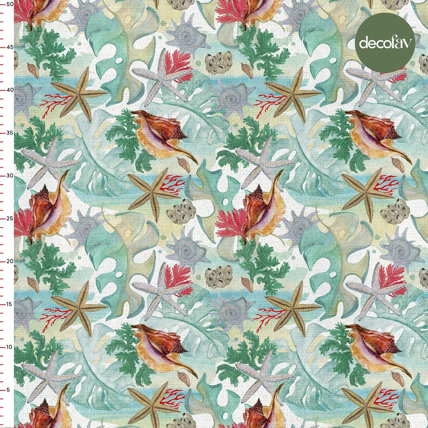 Yapraklar Üzerinde Deniz Yıldızı Deniz Kabuğu Mercan Marin Desenli Dijital Baskılı Kumaş