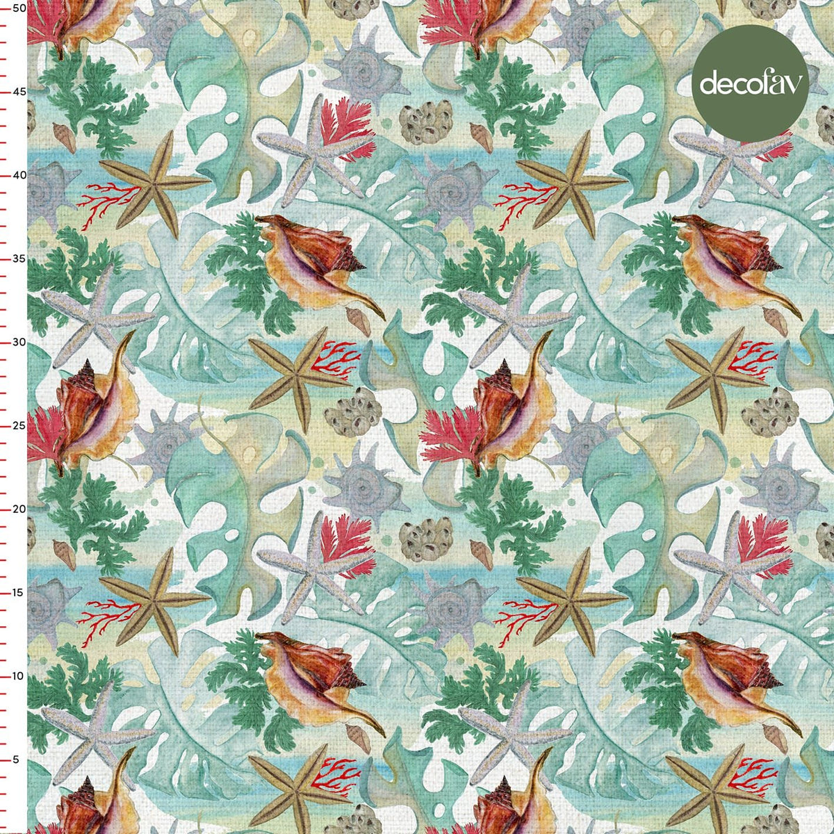 Yapraklar Üzerinde Deniz Yıldızı Deniz Kabuğu Mercan Marin Desenli Dijital Baskılı Kumaş