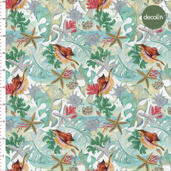 Yapraklar Üzerinde Deniz Yıldızı Deniz Kabuğu Mercan Marin Desenli Dijital Baskılı Kumaş