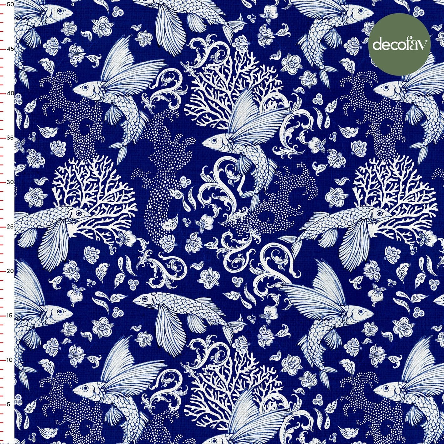 Marine Life Digital Printed Fabric with Fish and Coral Pattern on a Navy Blue Background