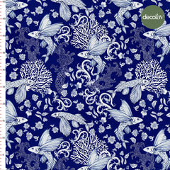 Marine Life Digital Printed Fabric with Fish and Coral Pattern on a Navy Blue Background