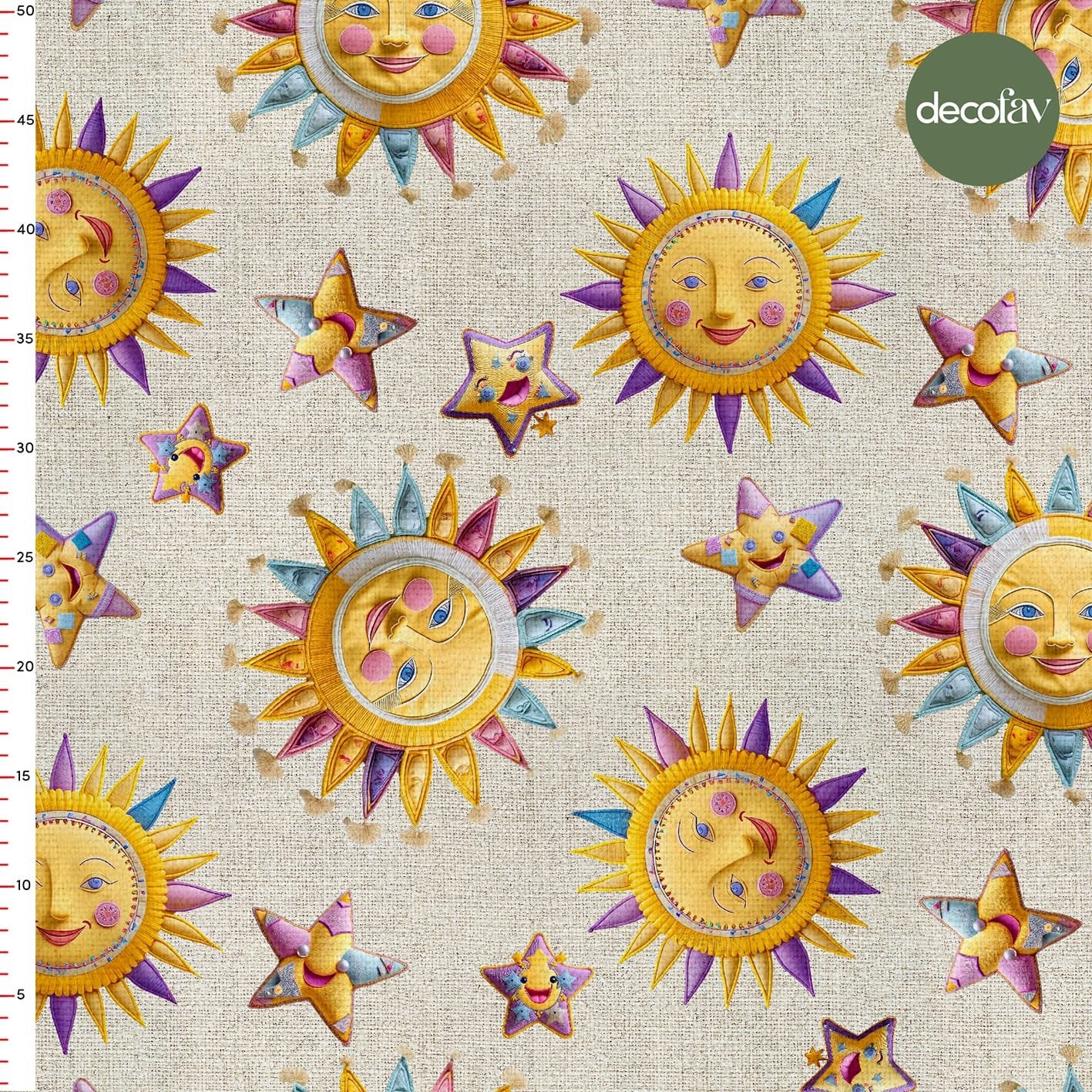 Linen Effect Ground Sun Star Patterned Digital Printed Fabric