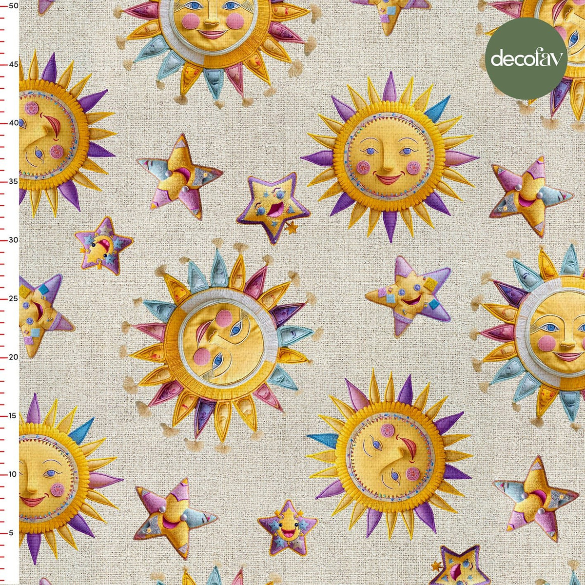 Linen Effect Ground Sun Star Patterned Digital Printed Fabric