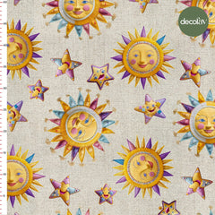 Linen Effect Ground Sun Star Patterned Digital Printed Fabric